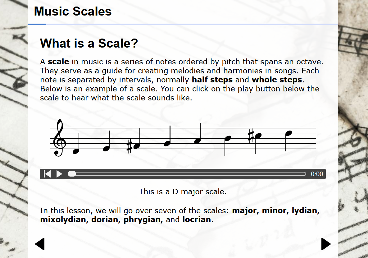 Screenshot of the Music Theory Lessons: Scales website